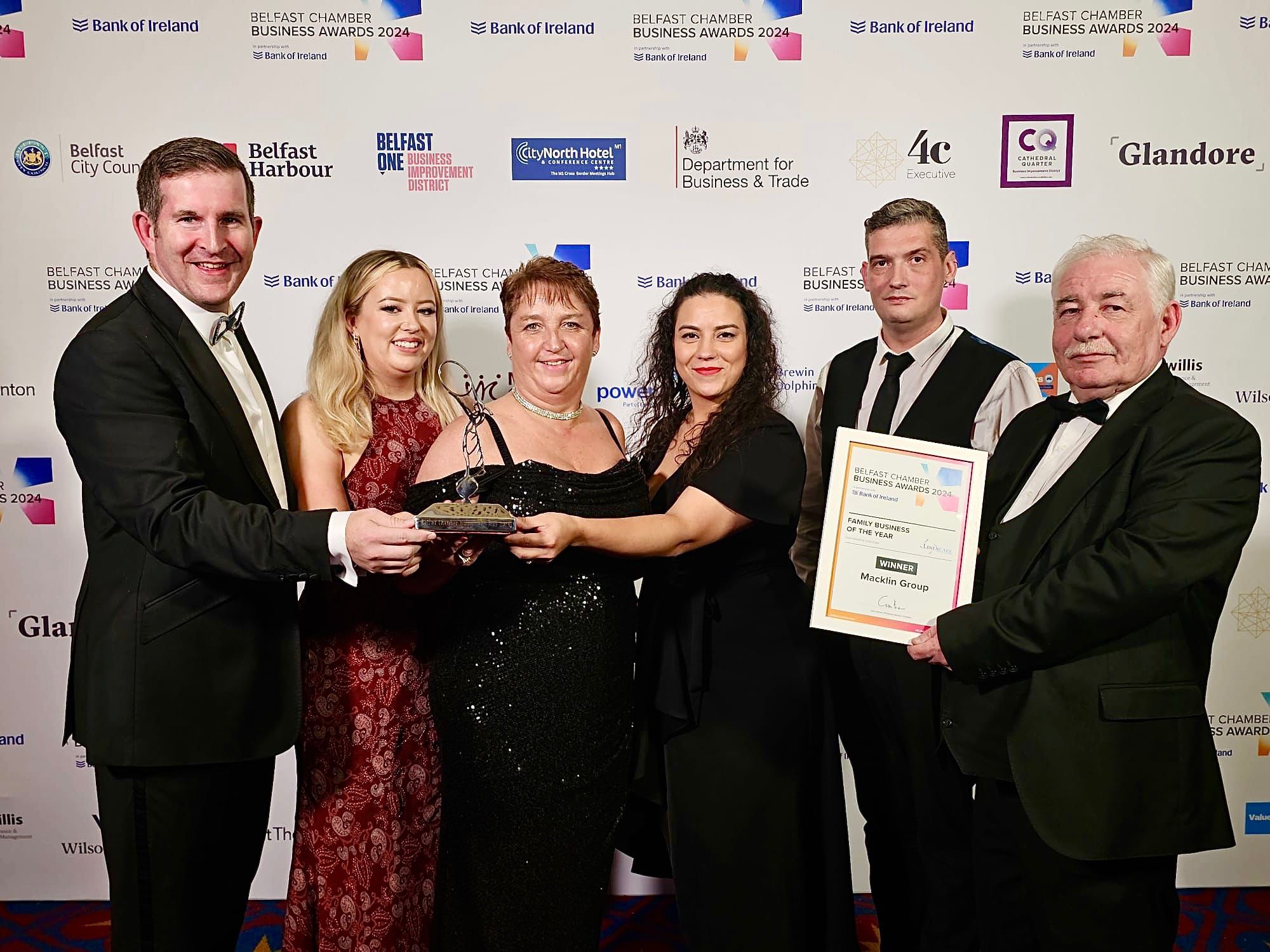 Macklin Group with sponsor Linencare at Belfast Chamber's Business Awards 2024.