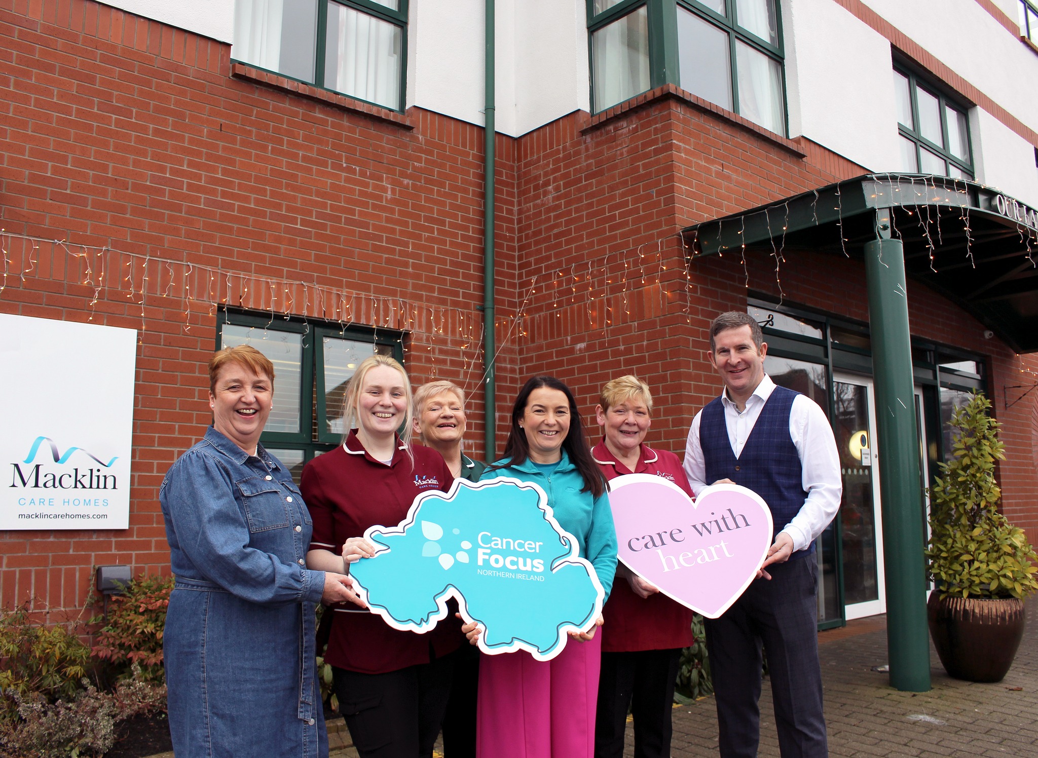 Regional Manager Christine with Activities Staff from Our Lady's Home Christina, Edith and Eilish with Director Gareth Macklin and Cancer Focus' Corporate & Community Fundraising Manager Rosie.